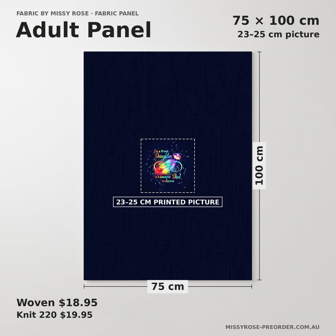 Design 272 Dad Panel adult panel sizing – 23–25 cm printed picture on 75 × 100 cm fabric | Fabric by Missy Rose