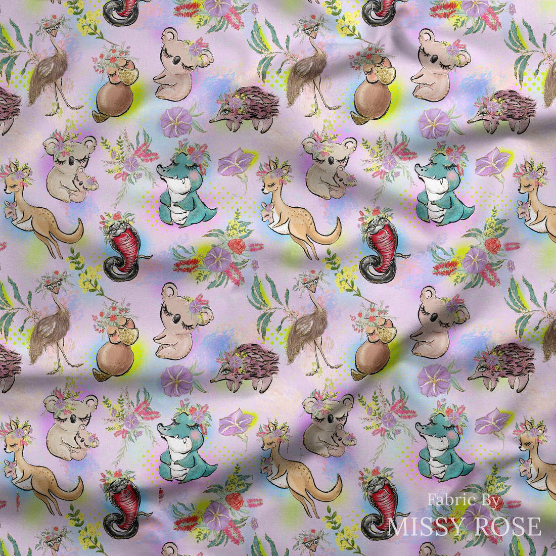 Design 273 Cute Australian Animals Fabric draped fabric mockup – custom printed fabric by the metre | Fabric by Missy Rose