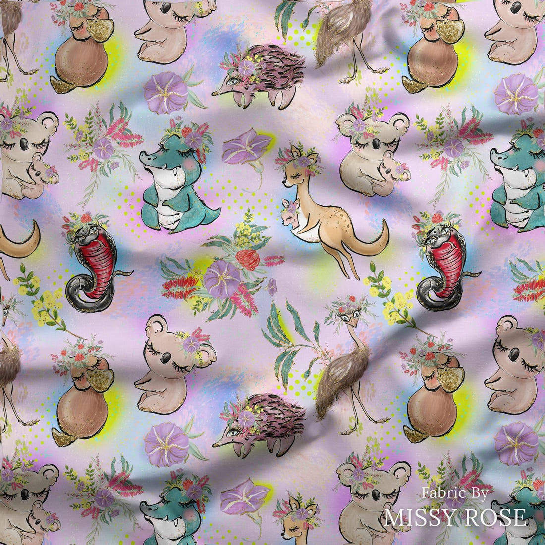 Design 273 Cute Australian Animals Fabric draped fabric mockup – custom printed fabric by the metre | Fabric by Missy Rose