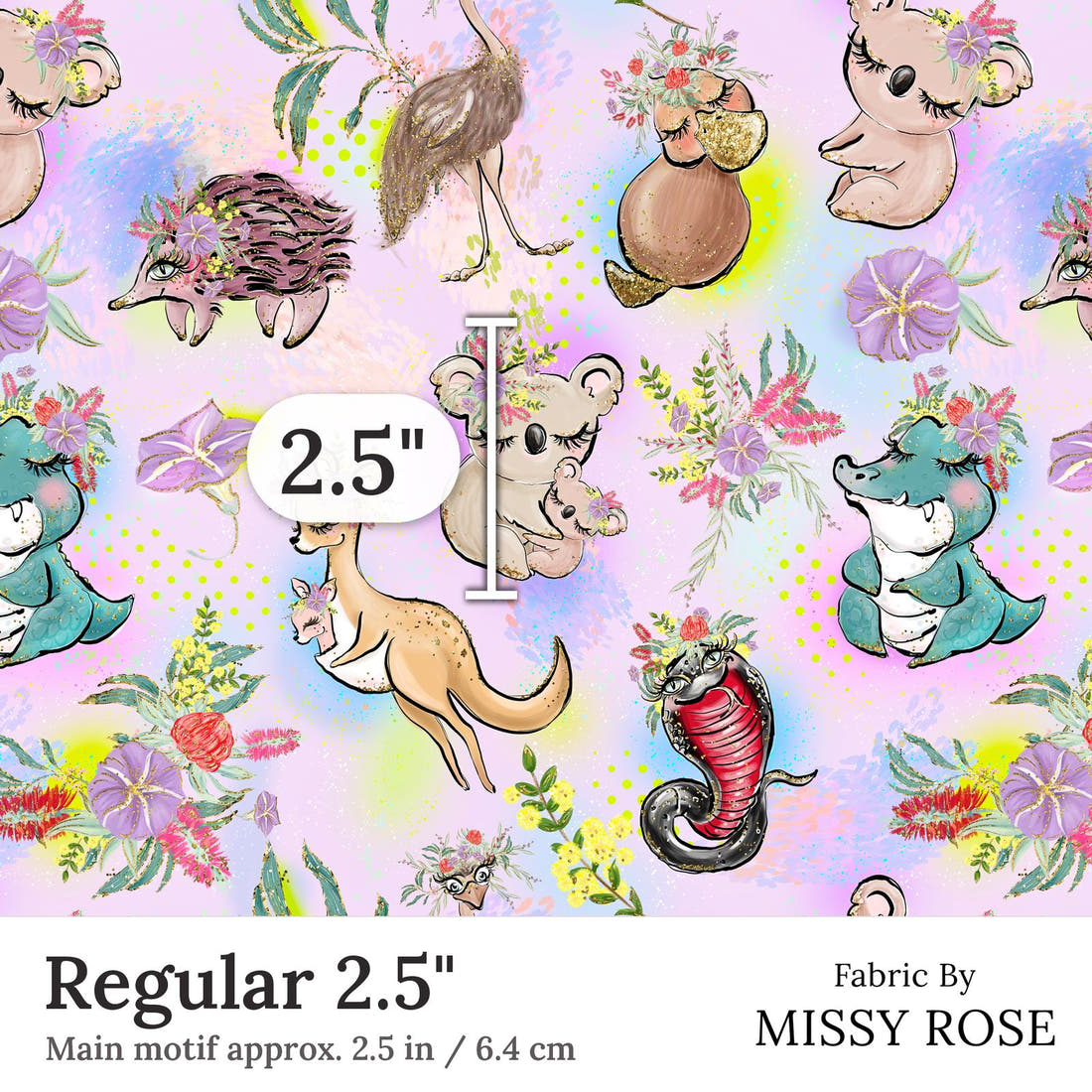 Design 273 Cute Australian Animals Fabric Regular 2.5 inch print scale guide | Fabric by Missy Rose