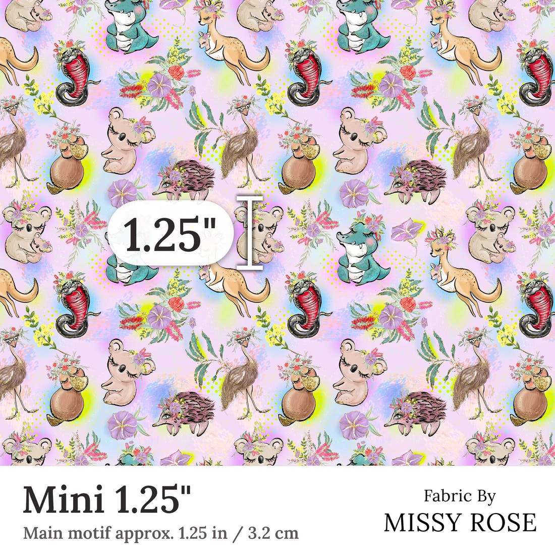 Design 273 Cute Australian Animals Fabric Mini 1.25 inch print scale guide | Fabric by Missy Rose
