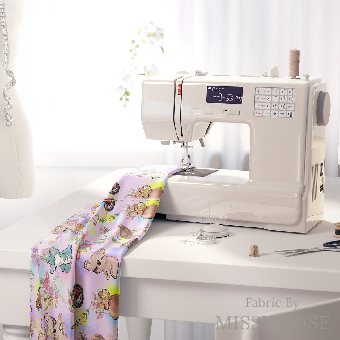 Design 273 Cute Australian Animals Fabric on a sewing machine – premium fabric for sewing projects | Fabric by Missy Rose