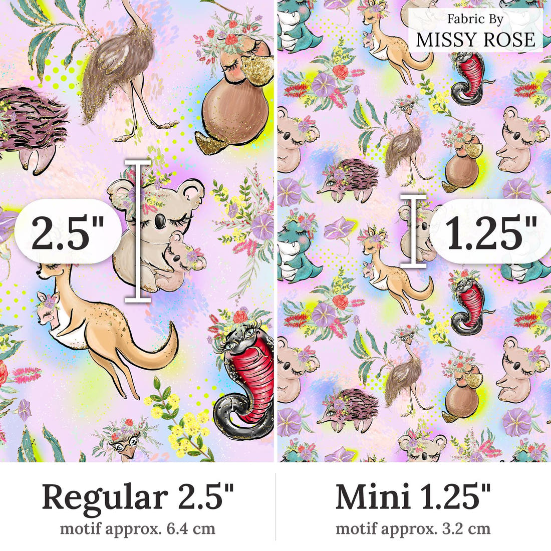 Design 273 Cute Australian Animals Fabric Regular 2.5 inch vs Mini 1.25 inch print scale side by side | Fabric by Missy Rose