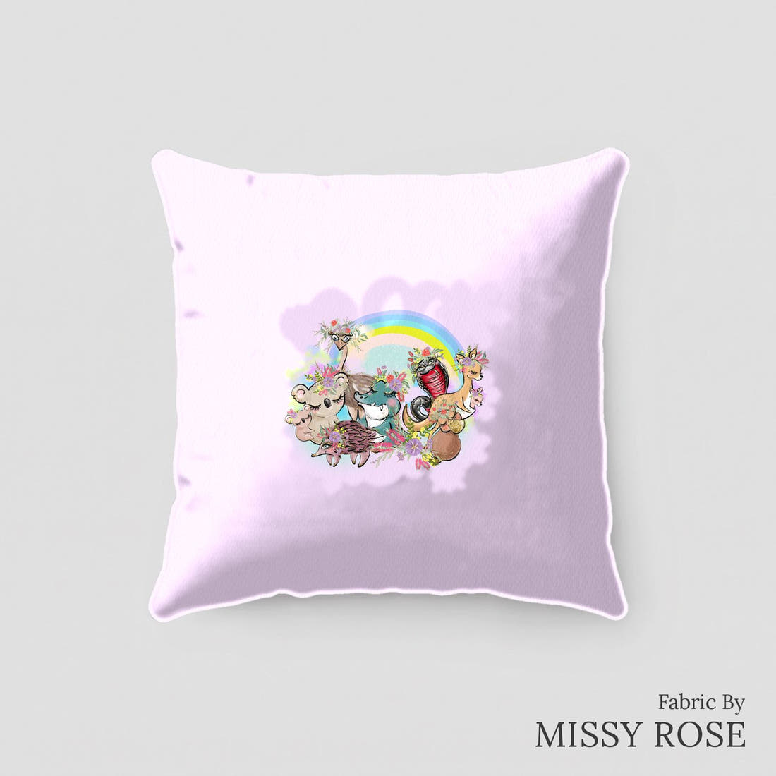 Design 273 Cute Australian Animals Panel sewn into a cushion – see how the panel looks made up | Fabric by Missy Rose