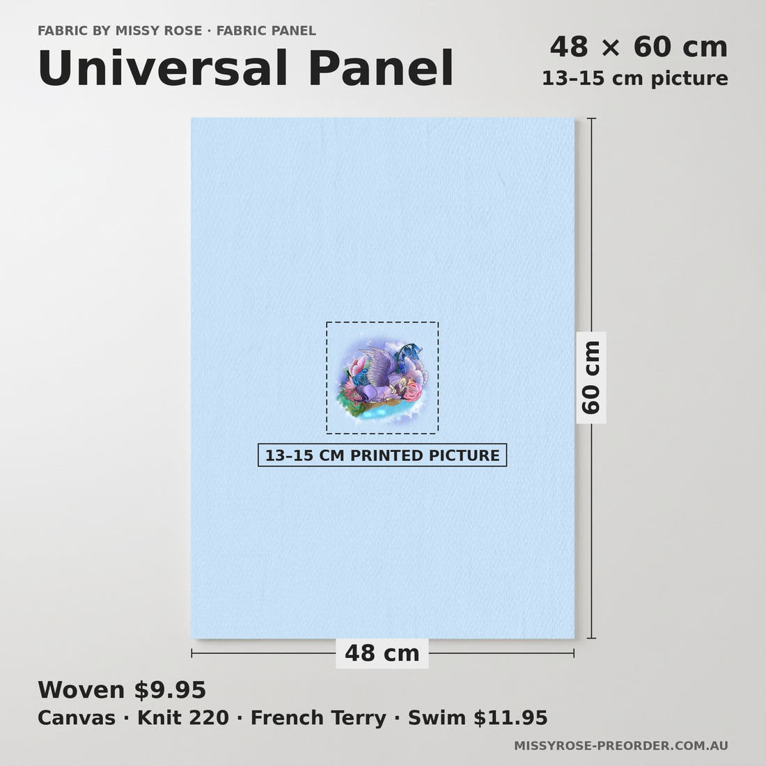 Design 274 Pegasus Panel universal panel sizing – 13–15 cm printed picture on 48 × 60 cm fabric | Fabric by Missy Rose
