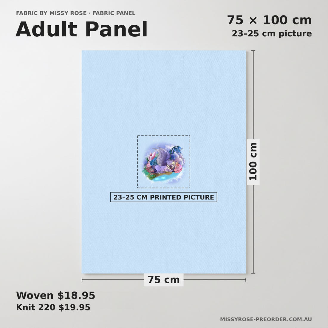 Design 274 Pegasus Panel adult panel sizing – 23–25 cm printed picture on 75 × 100 cm fabric | Fabric by Missy Rose