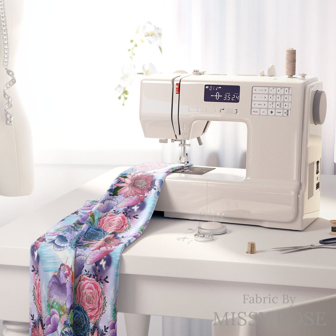 Design 274 Pegasus Fabric on a sewing machine – premium fabric for sewing projects | Fabric by Missy Rose