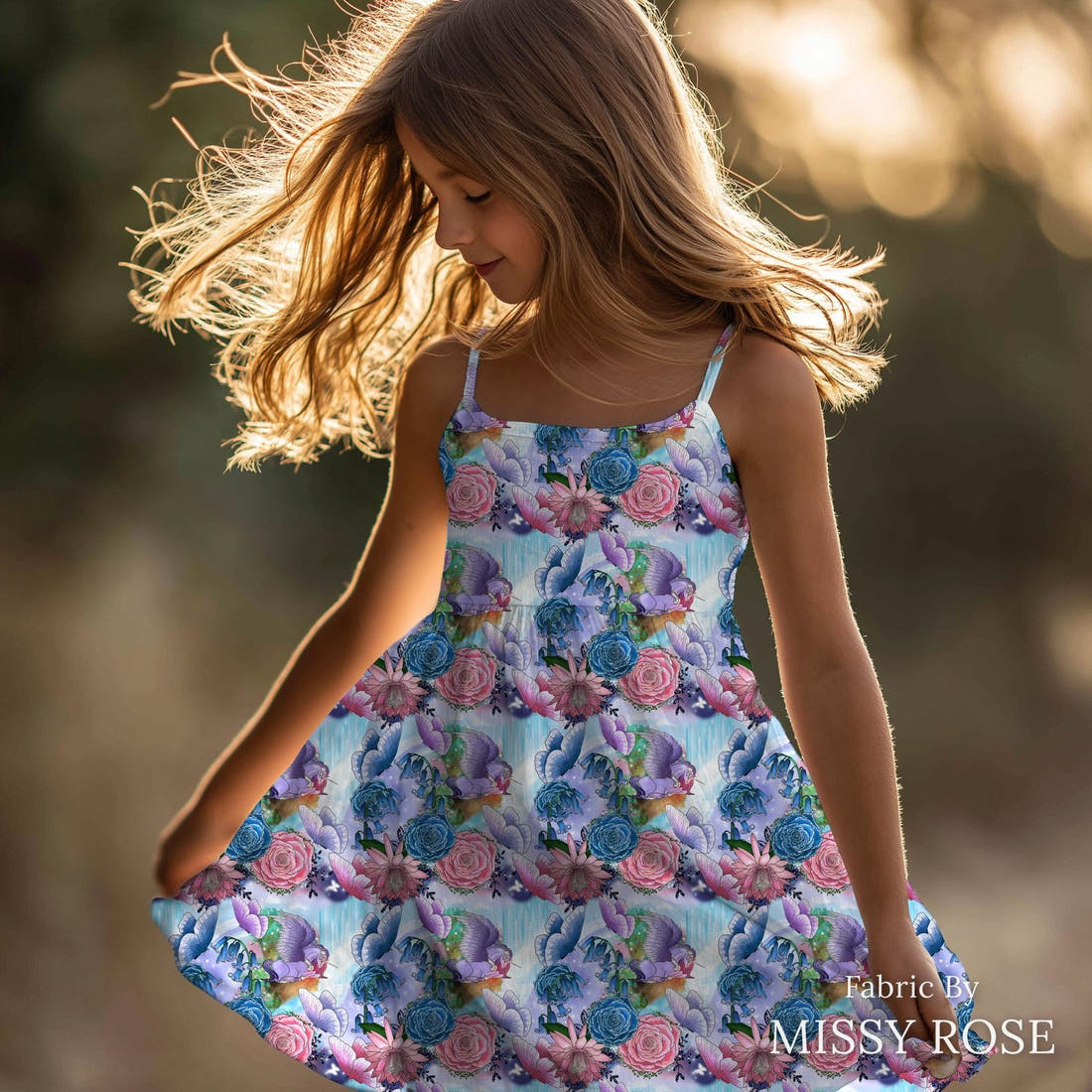 Design 274 Pegasus Fabric sewn into a girls' dress – see how the print looks made up | Fabric by Missy Rose