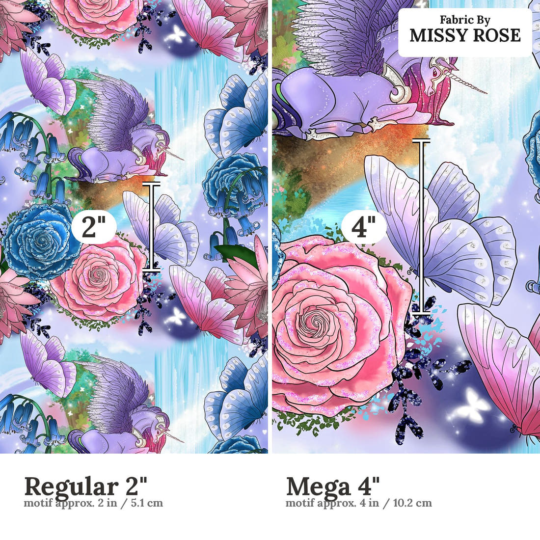 Design 274 Pegasus Fabric size comparison - print scale | Fabric by Missy Rose