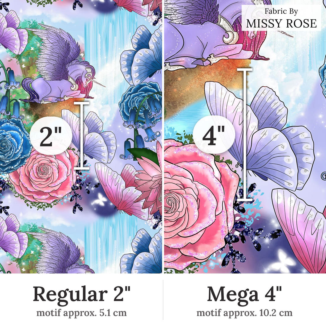 Design 274 Pegasus Fabric Regular 2 inch vs Mega 4 inch print scale side by side | Fabric by Missy Rose