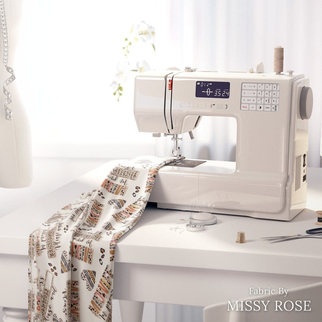 Design 275 Midwife Loading Fabric on a sewing machine – premium fabric for sewing projects | Fabric by Missy Rose