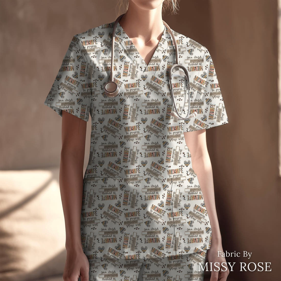 Design 275 Midwife Loading Fabric sewn into a scrubs top – see how the print looks made up | Fabric by Missy Rose
