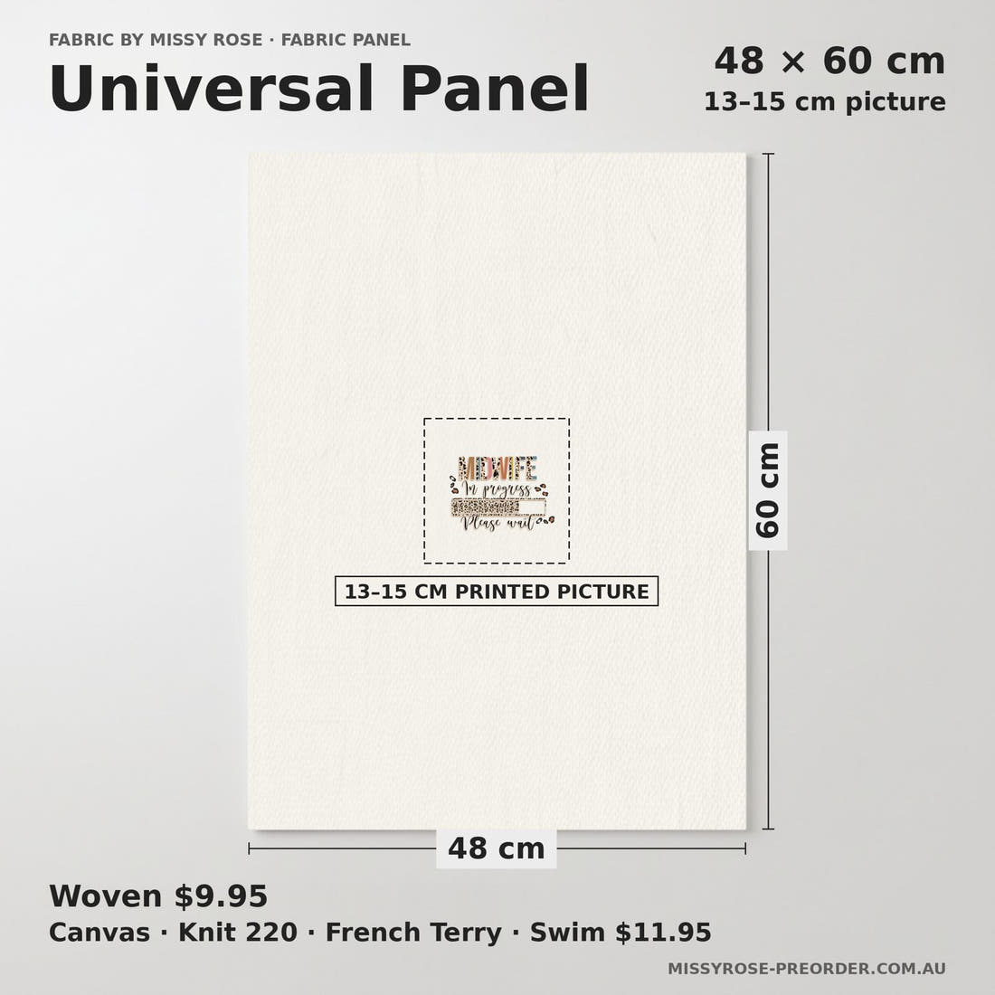 Design 275 Midwife Loading Panel universal panel sizing – 13–15 cm printed picture on 48 × 60 cm fabric | Fabric by Missy Rose