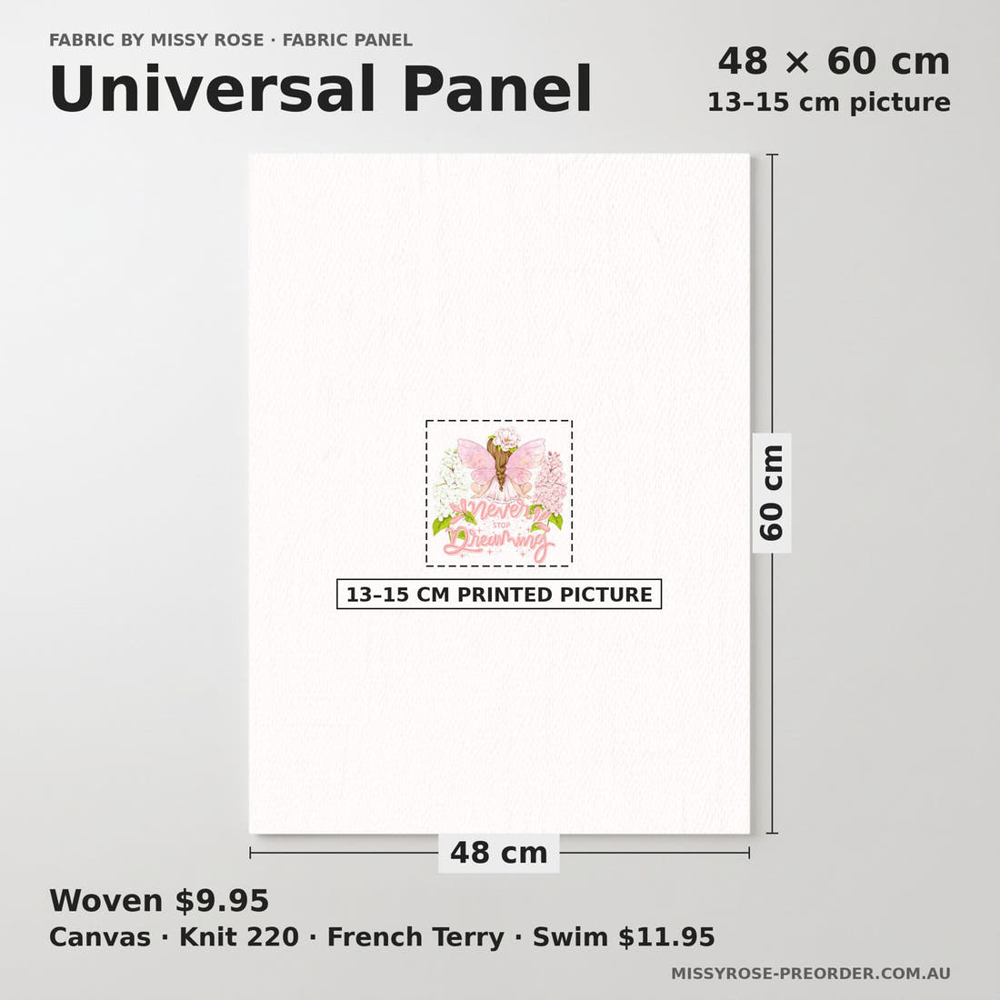 Design 276 Whimsical Fairy Panel universal panel sizing – 13–15 cm printed picture on 48 × 60 cm fabric | Fabric by Missy Rose
