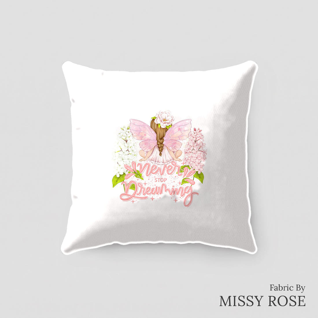 Design 276 Whimsical Fairy Panel sewn into a cushion – see how the panel looks made up | Fabric by Missy Rose
