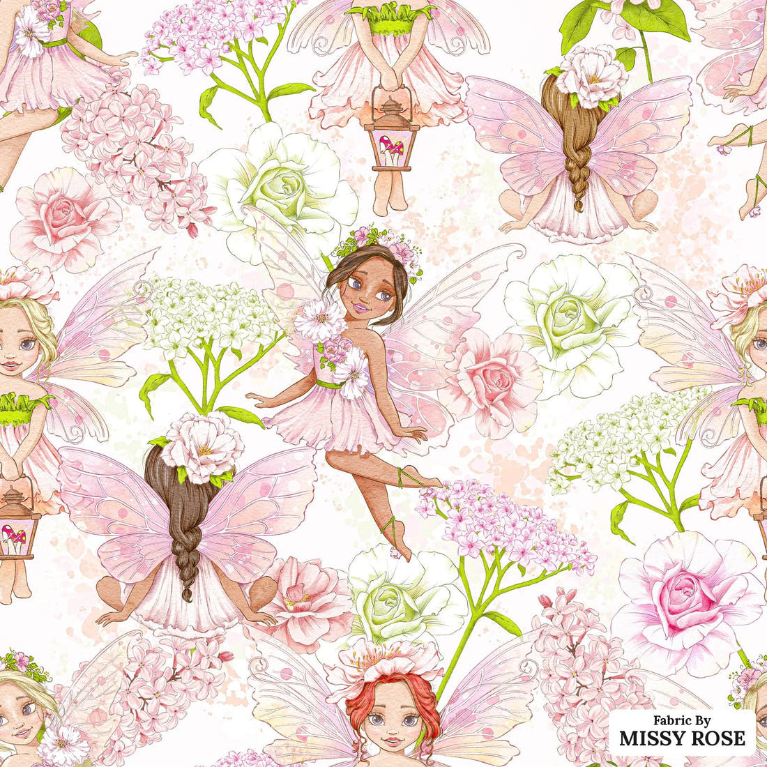 Design 276 Whimsical Fairy Fabric - flat view of the print, zoom in for detail | Fabric by Missy Rose