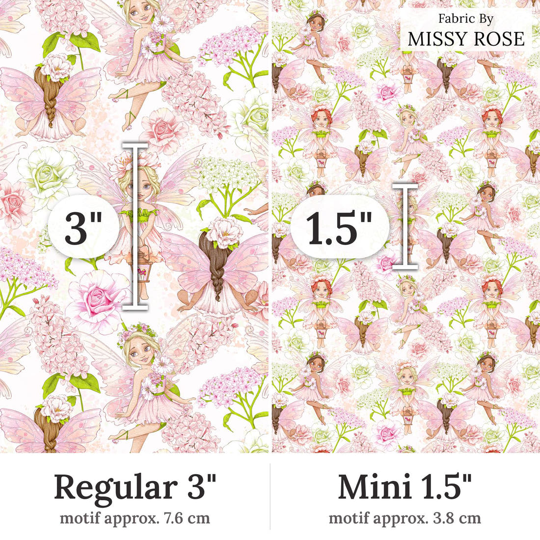 Design 276 Whimsical Fairy Fabric Regular 3 inch vs Mini 1.5 inch print scale side by side | Fabric by Missy Rose