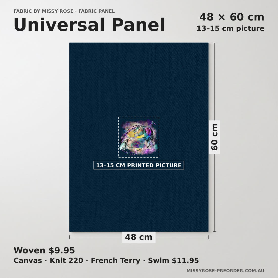 Design 277 Watercolour Horse Panel universal panel sizing – 13–15 cm printed picture on 48 × 60 cm fabric | Fabric by Missy Rose