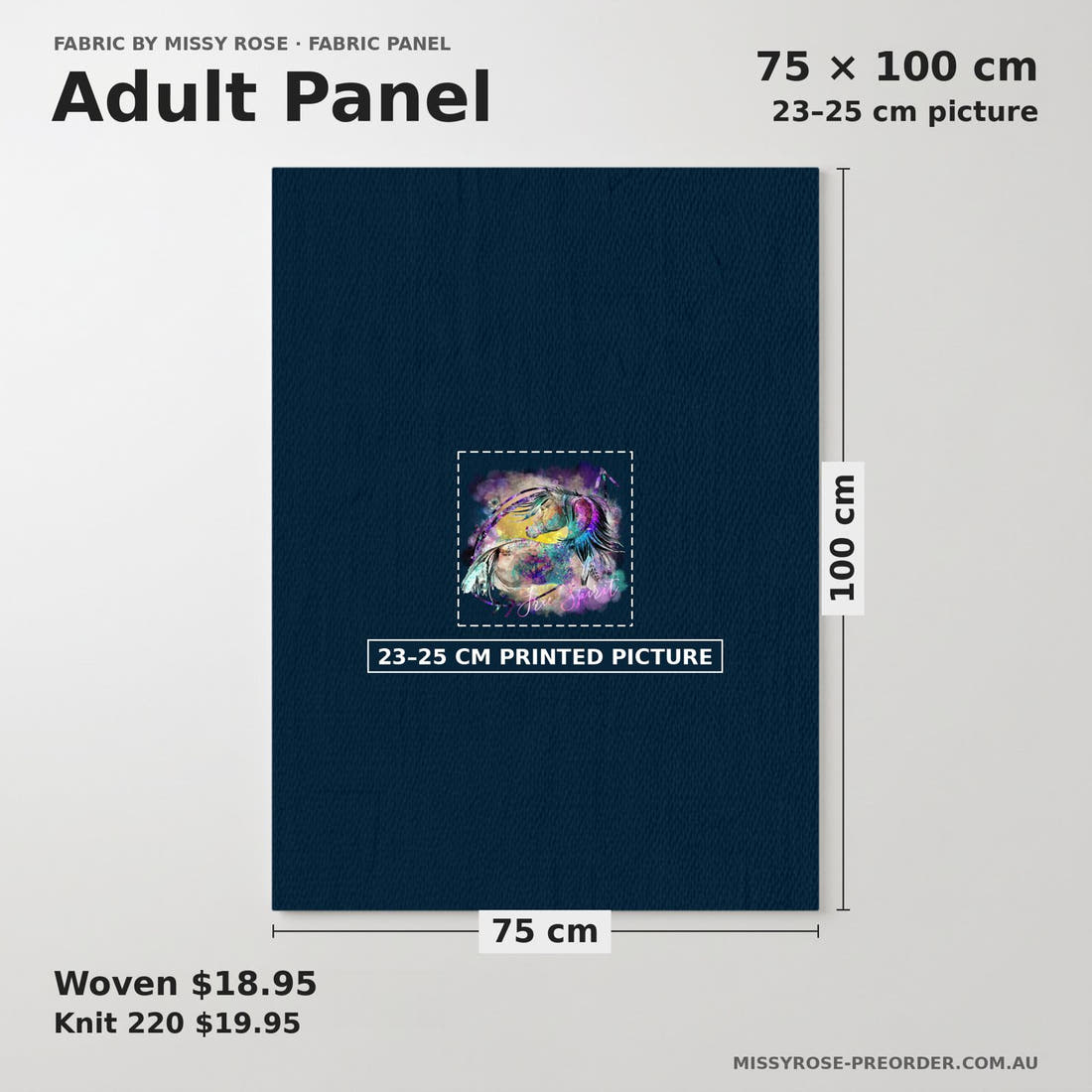 Design 277 Watercolour Horse Panel adult panel sizing – 23–25 cm printed picture on 75 × 100 cm fabric | Fabric by Missy Rose