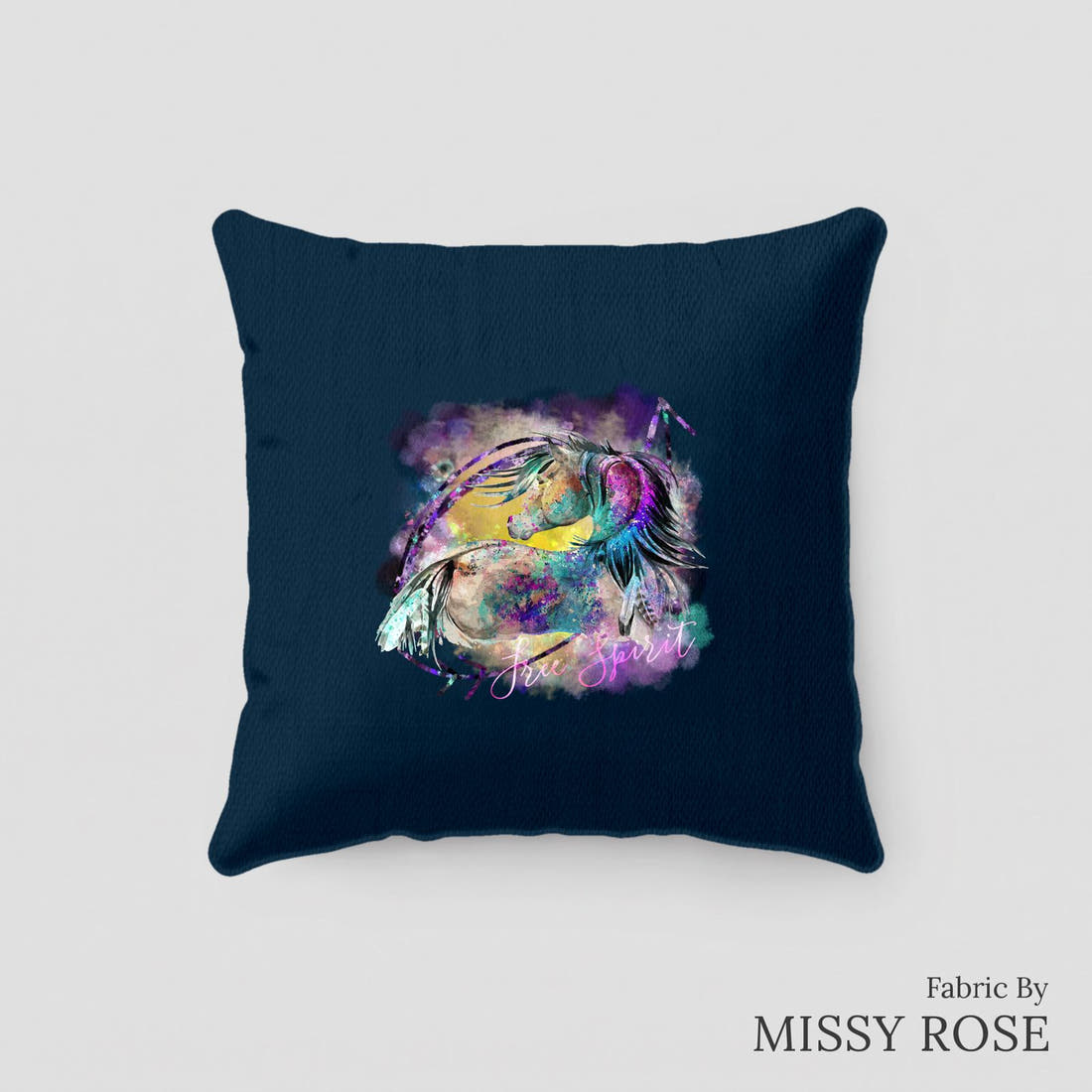 Design 277 Watercolour Horse Panel sewn into a cushion – see how the panel looks made up | Fabric by Missy Rose