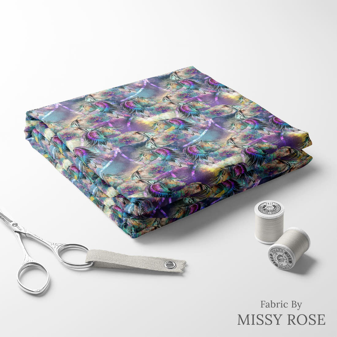 Design 277 Watercolour Horse Fabric folded fabric stack with matching thread – pre-order fabric Australia | Fabric by Missy Rose