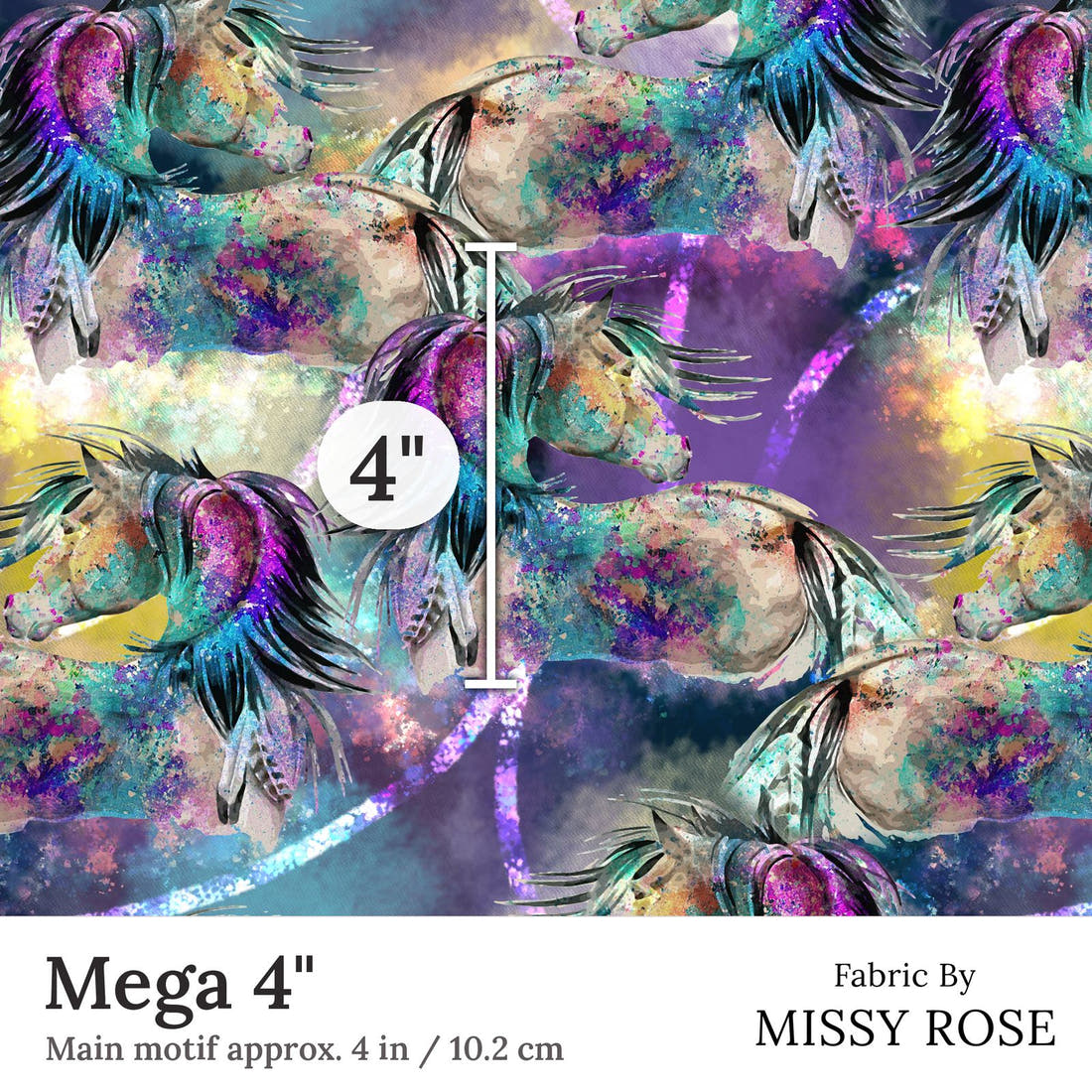 Design 277 Watercolour Horse Fabric Mega 4 inch print scale guide | Fabric by Missy Rose