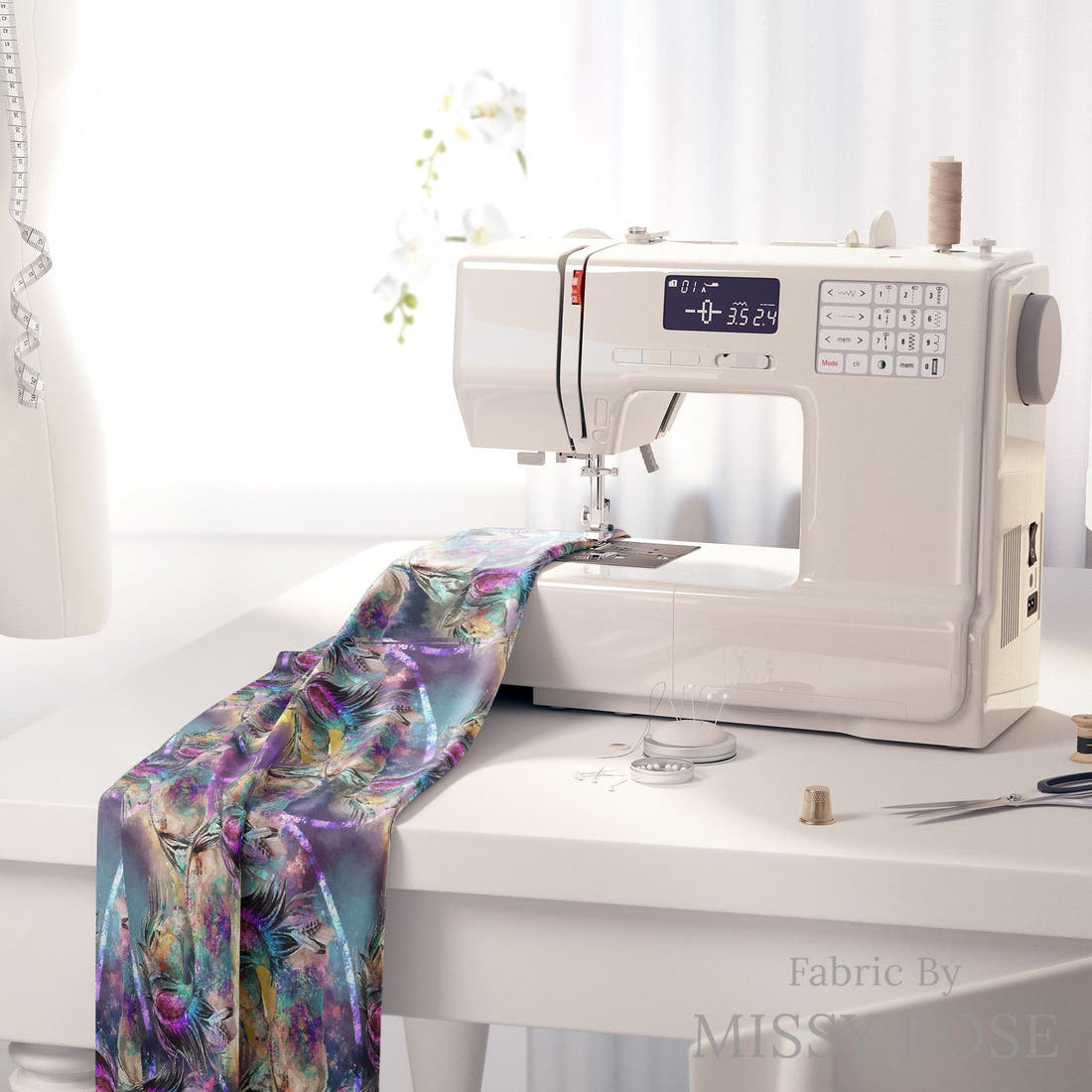 Design 277 Watercolour Horse Fabric on a sewing machine – premium fabric for sewing projects | Fabric by Missy Rose