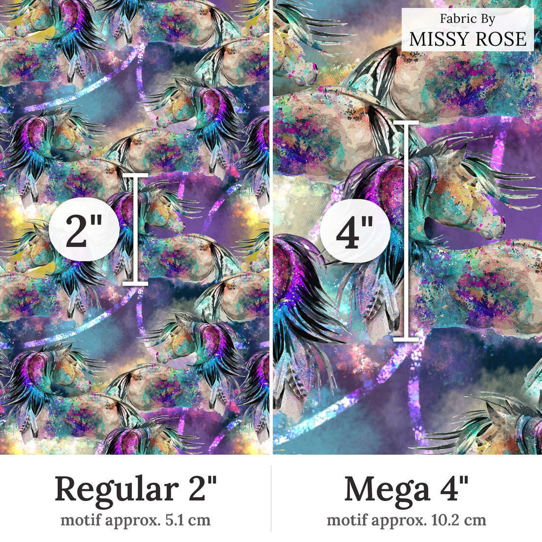 Design 277 Watercolour Horse Fabric Regular 2 inch vs Mega 4 inch print scale side by side | Fabric by Missy Rose