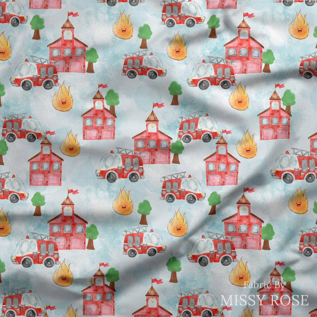 Design 278 Fire Fighter Fabric draped fabric mockup – custom printed fabric by the metre | Fabric by Missy Rose