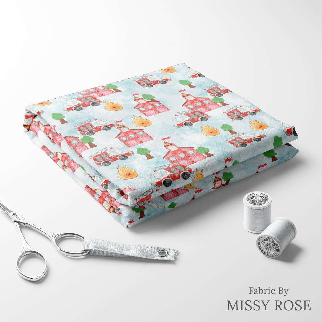 Design 278 Fire Fighter Fabric folded fabric stack with matching thread – pre-order fabric Australia | Fabric by Missy Rose