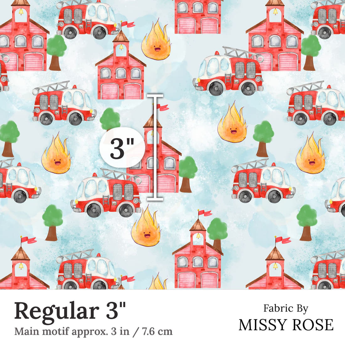 Design 278 Fire Fighter Fabric Regular 3 inch print scale guide | Fabric by Missy Rose