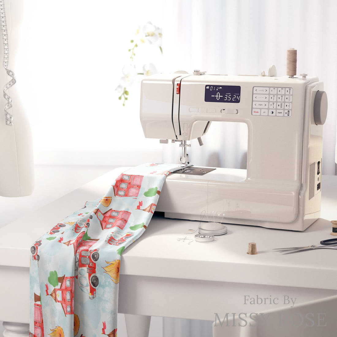 Design 278 Fire Fighter Fabric on a sewing machine – premium fabric for sewing projects | Fabric by Missy Rose