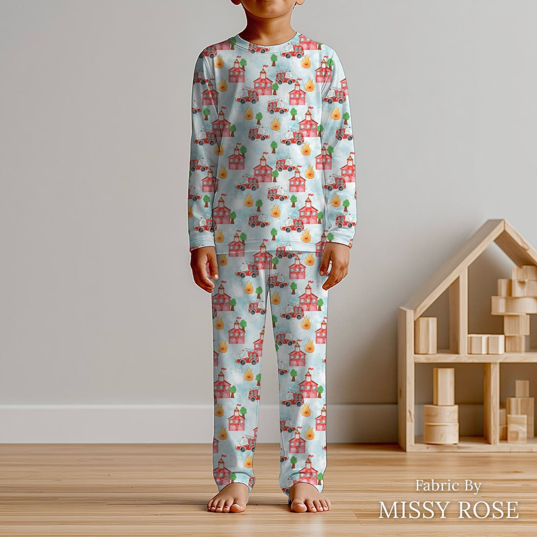 Design 278 Fire Fighter Fabric sewn into kids' pyjamas – see how the print looks made up | Fabric by Missy Rose