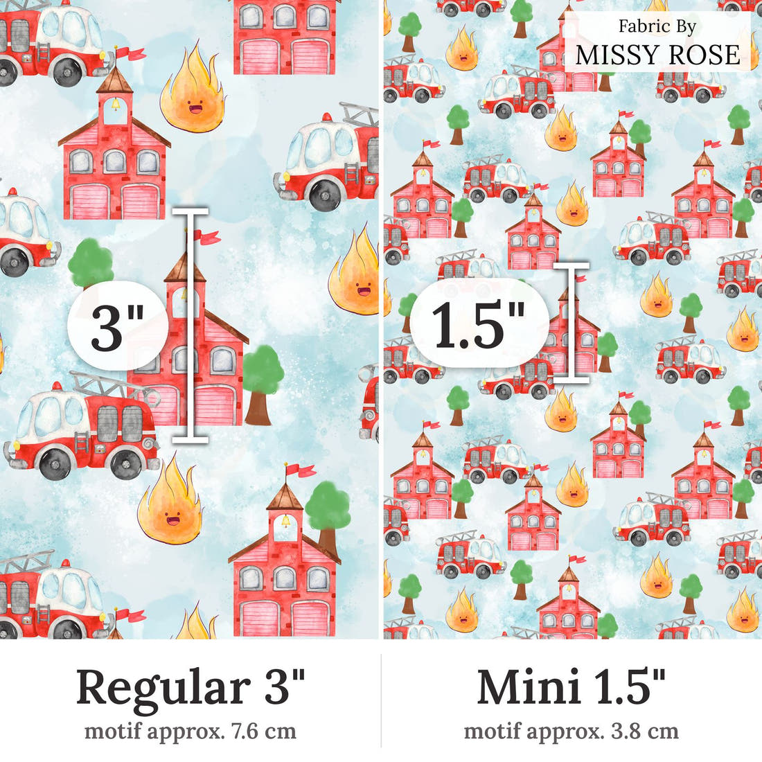 Design 278 Fire Fighter Fabric Regular 3 inch vs Mini 1.5 inch print scale side by side | Fabric by Missy Rose