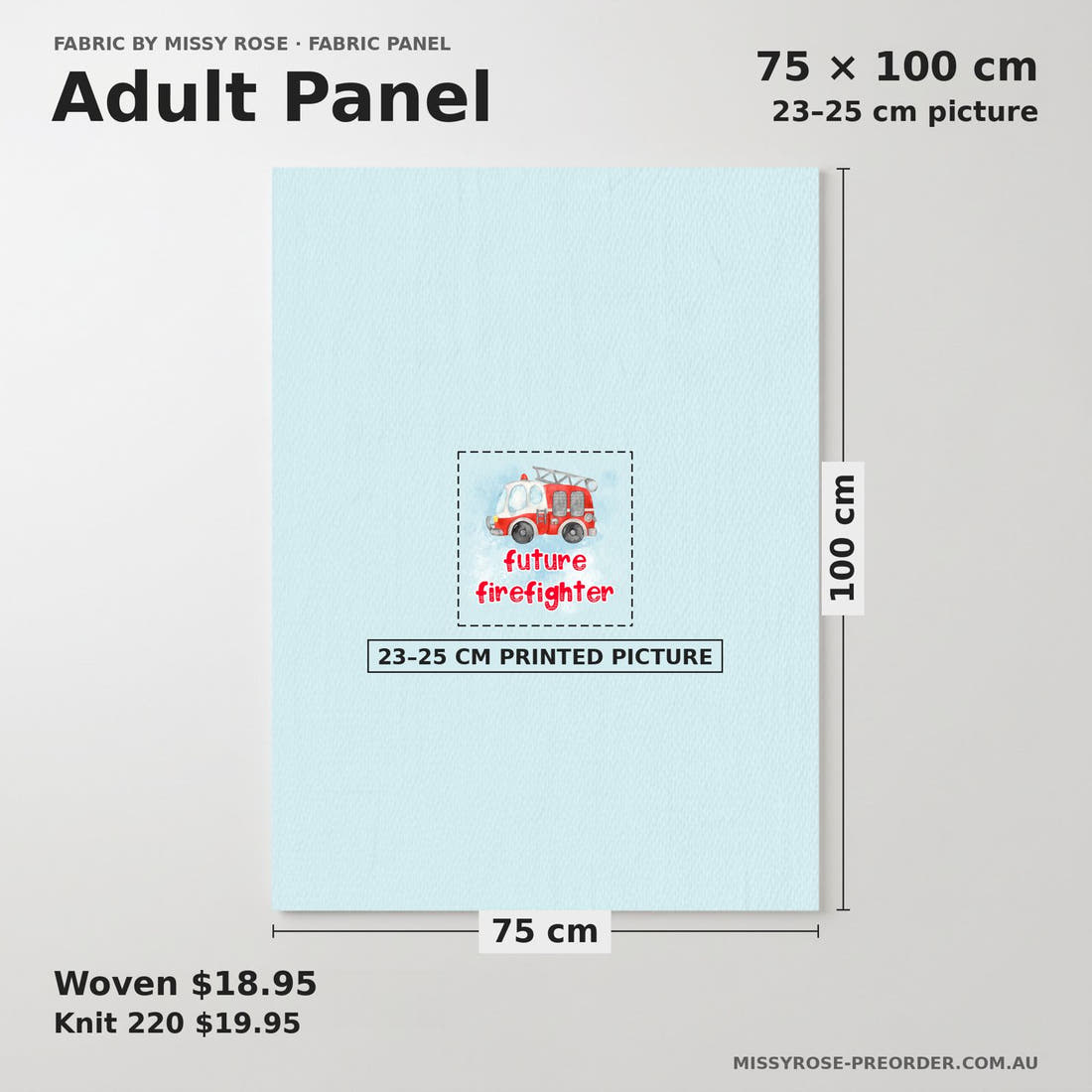 Design 278 Fire Fighter Panel adult panel sizing – 23–25 cm printed picture on 75 × 100 cm fabric | Fabric by Missy Rose