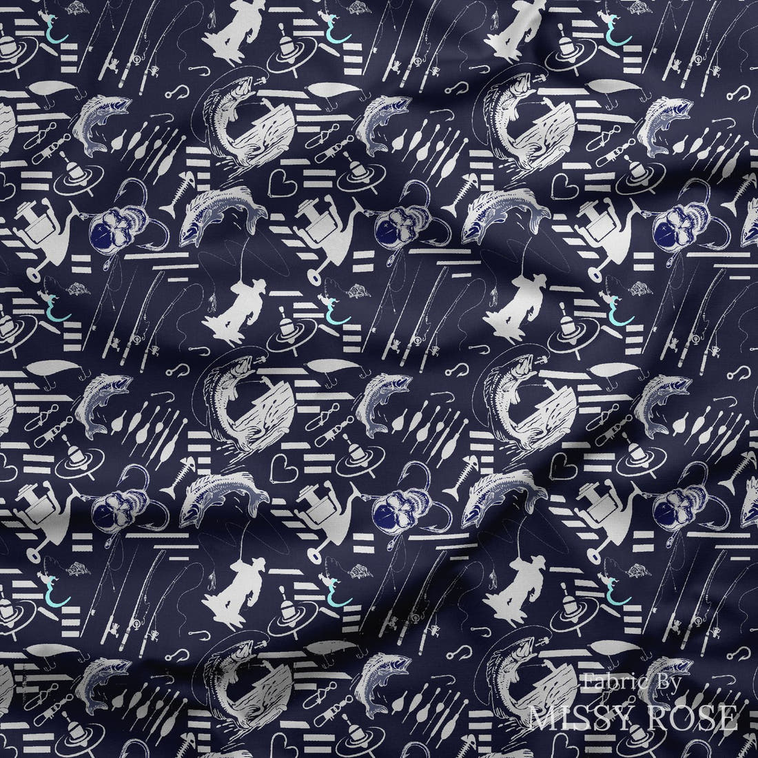 Design 279 Navy Fishing Fabric draped fabric mockup – custom printed fabric by the metre | Fabric by Missy Rose