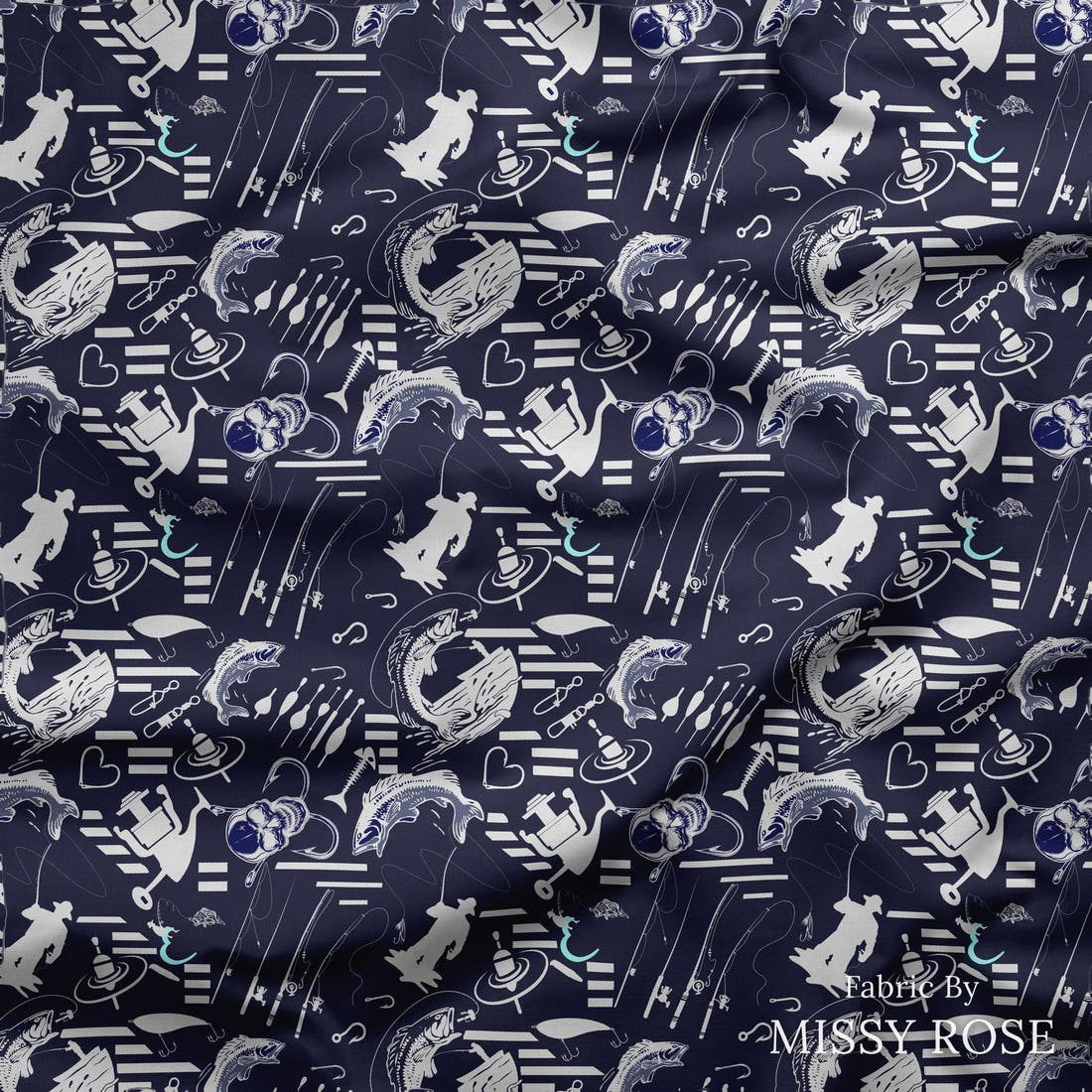 Design 279 Navy Fishing Fabric draped fabric mockup – custom printed fabric by the metre | Fabric by Missy Rose