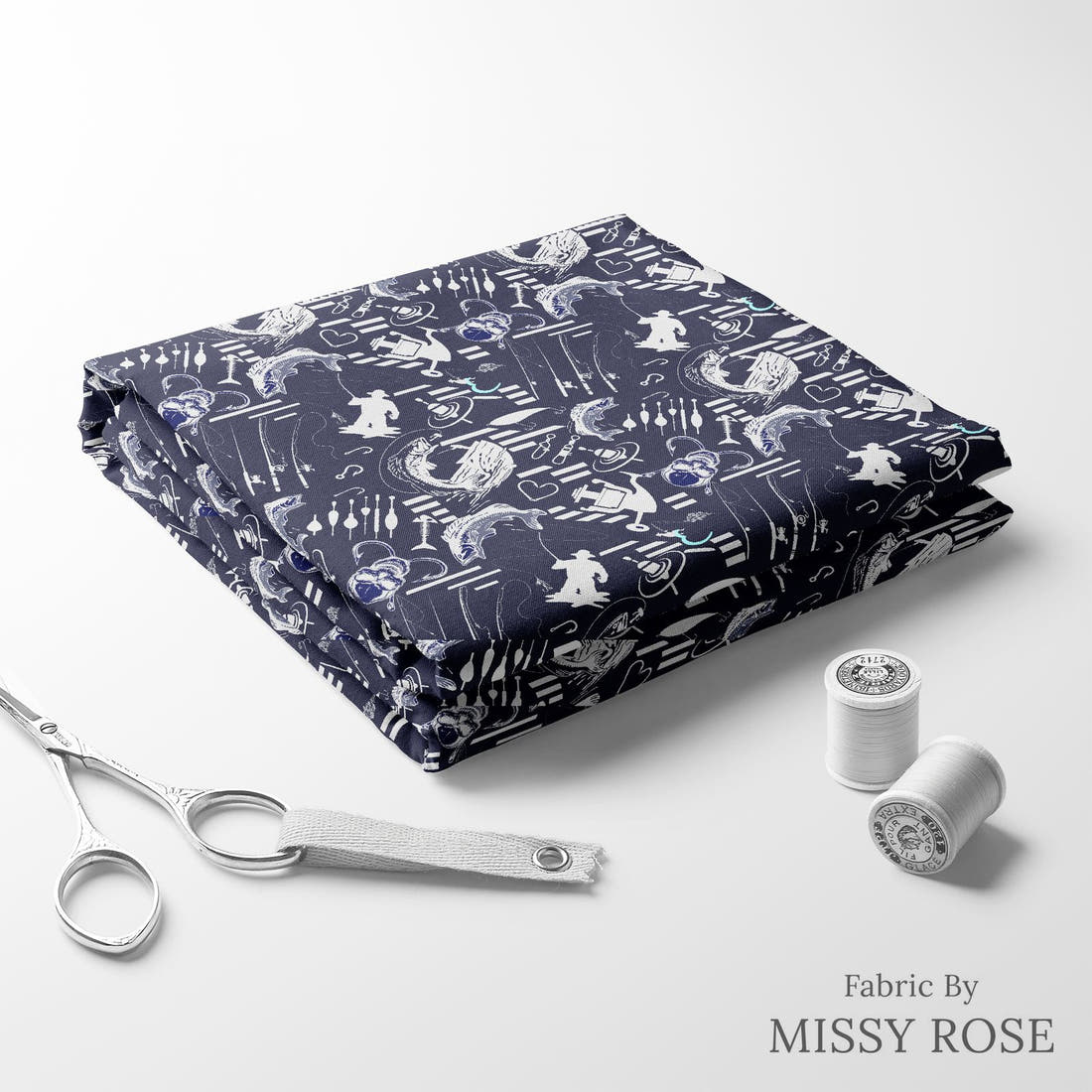 Design 279 Navy Fishing Fabric folded fabric stack with matching thread – pre-order fabric Australia | Fabric by Missy Rose