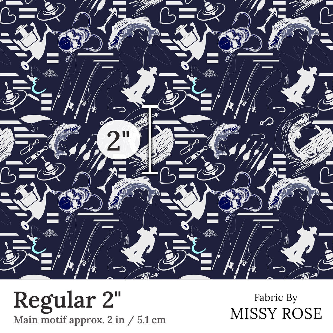 Design 279 Navy Fishing Fabric Regular 2 inch print scale guide | Fabric by Missy Rose