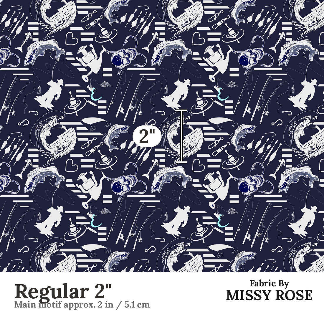 Design 279 Navy Fishing Fabric Regular 2" - print scale | Fabric by Missy Rose
