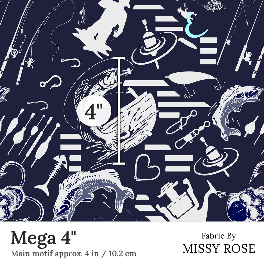 Design 279 Navy Fishing Fabric Mega 4 inch print scale guide | Fabric by Missy Rose