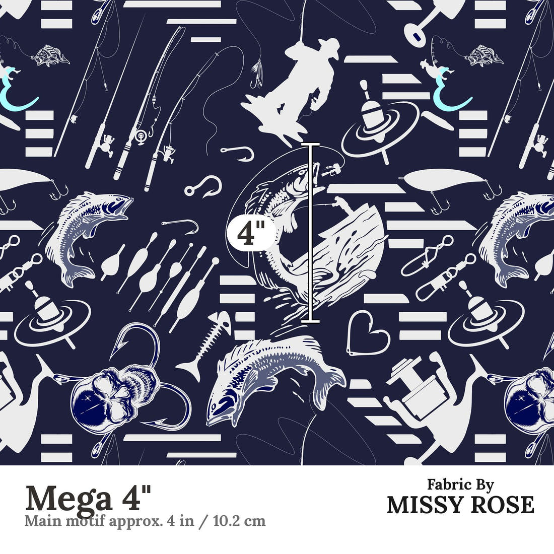 Design 279 Navy Fishing Fabric Mega 4" - print scale | Fabric by Missy Rose