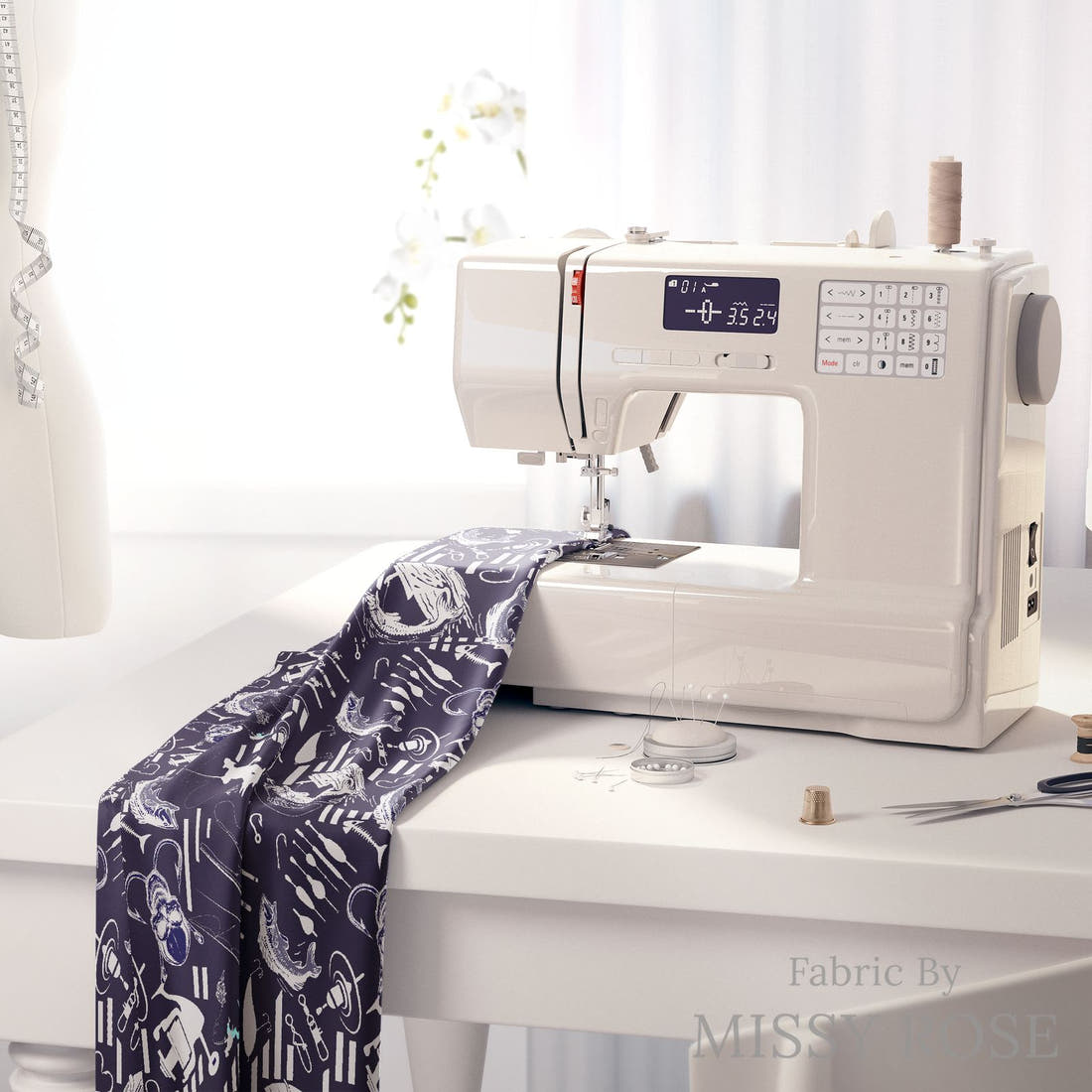 Design 279 Navy Fishing Fabric on a sewing machine – premium fabric for sewing projects | Fabric by Missy Rose