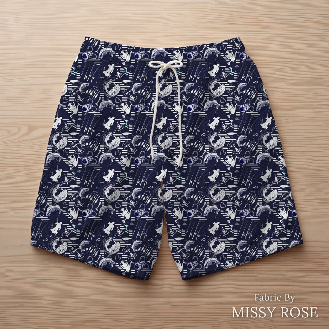 Design 279 Navy Fishing Fabric sewn into swim shorts – see how the print looks made up | Fabric by Missy Rose