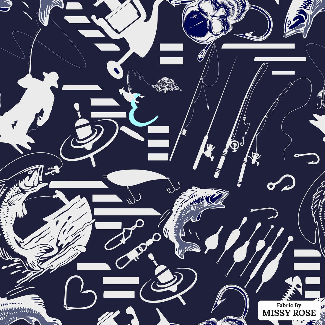 Design 279 Navy Fishing Fabric - flat view of the print, zoom in for detail | Fabric by Missy Rose