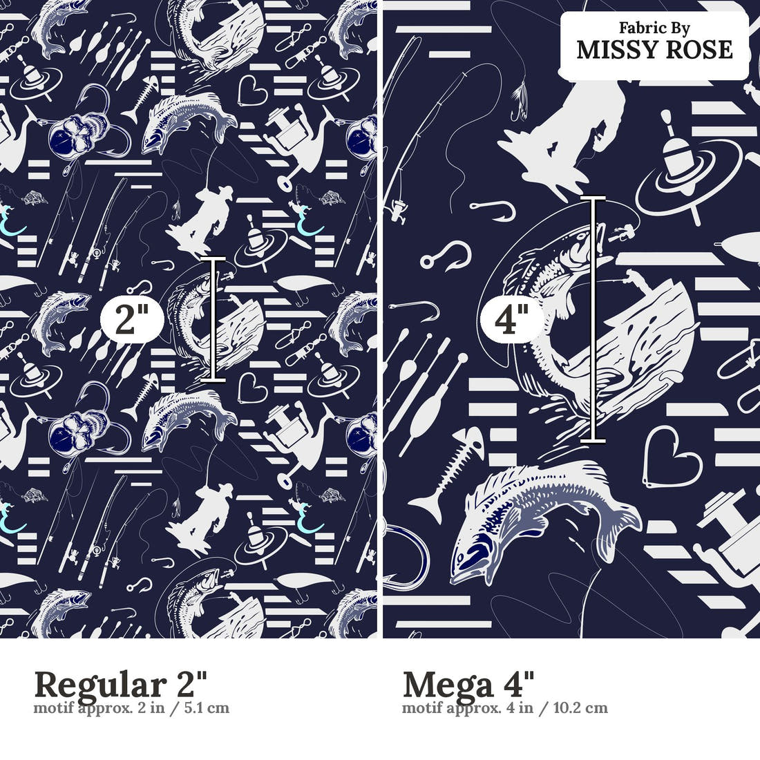 Design 279 Navy Fishing Fabric size comparison - print scale | Fabric by Missy Rose