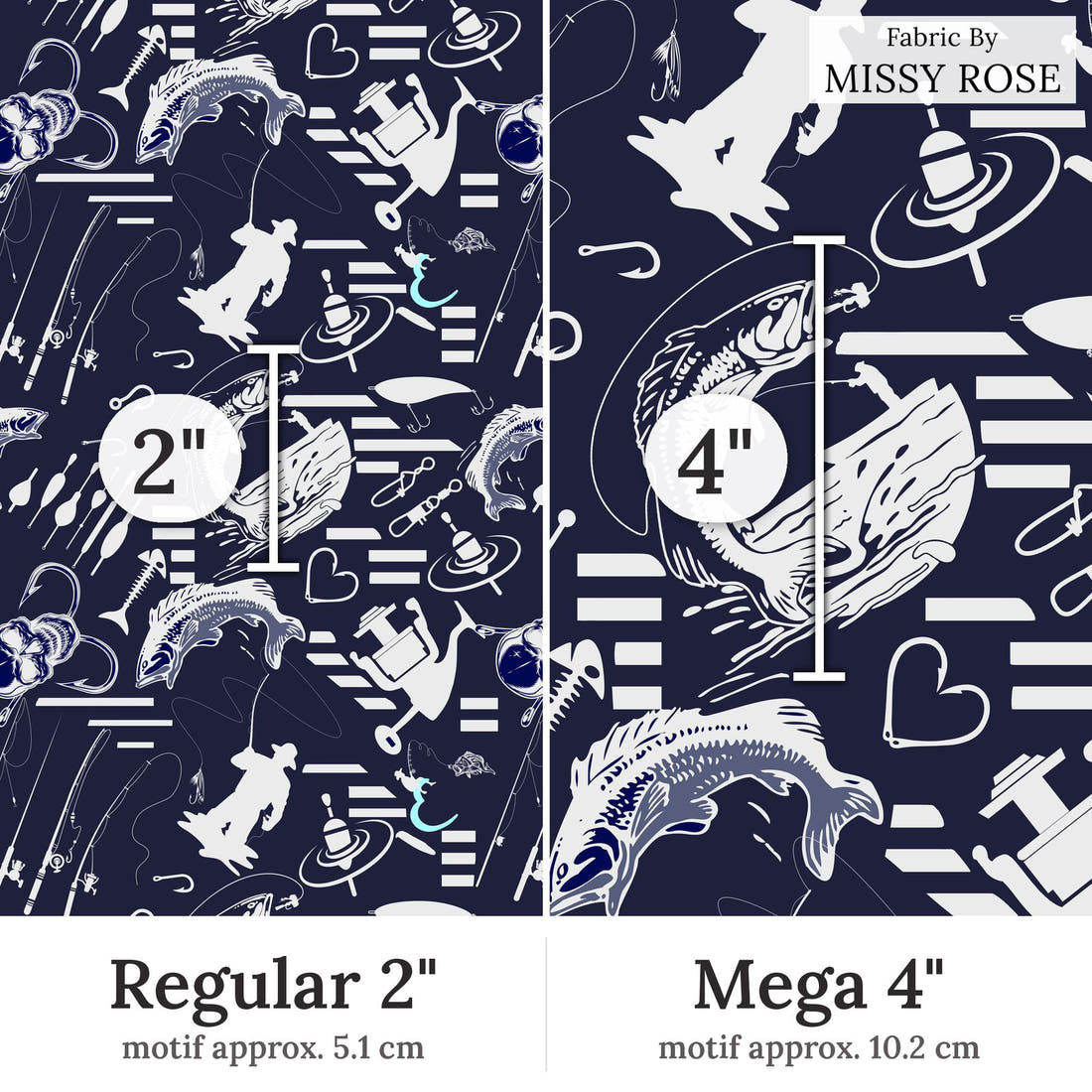 Design 279 Navy Fishing Fabric Regular 2 inch vs Mega 4 inch print scale side by side | Fabric by Missy Rose