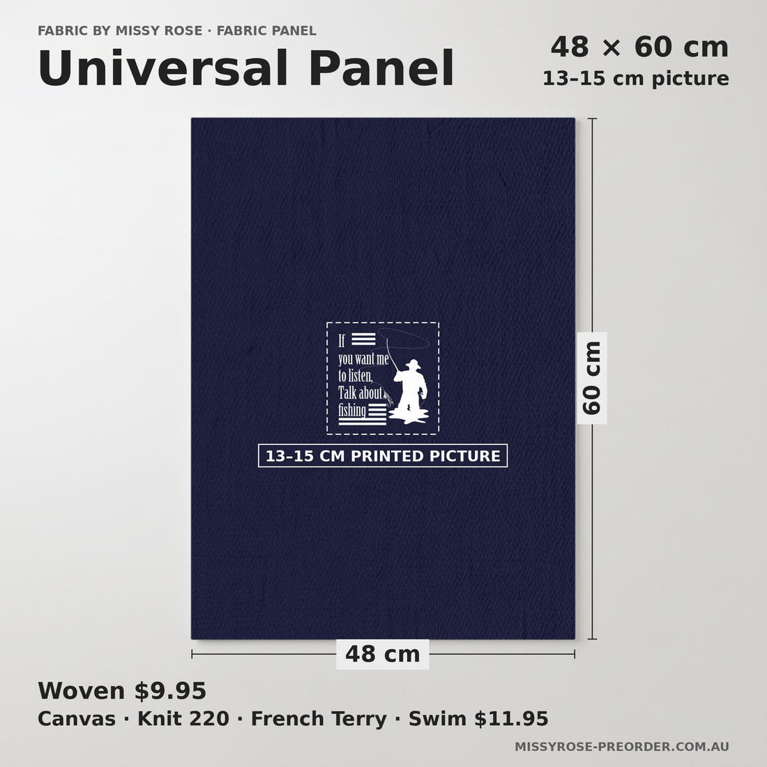 Design 279 Navy Fishing Panel universal panel sizing – 13–15 cm printed picture on 48 × 60 cm fabric | Fabric by Missy Rose