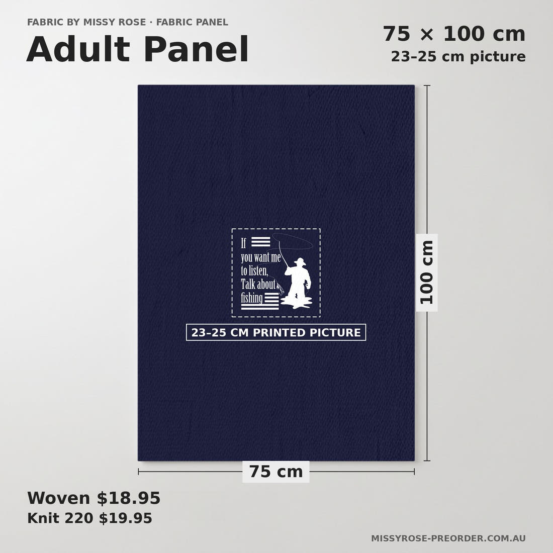Design 279 Navy Fishing Panel adult panel sizing – 23–25 cm printed picture on 75 × 100 cm fabric | Fabric by Missy Rose