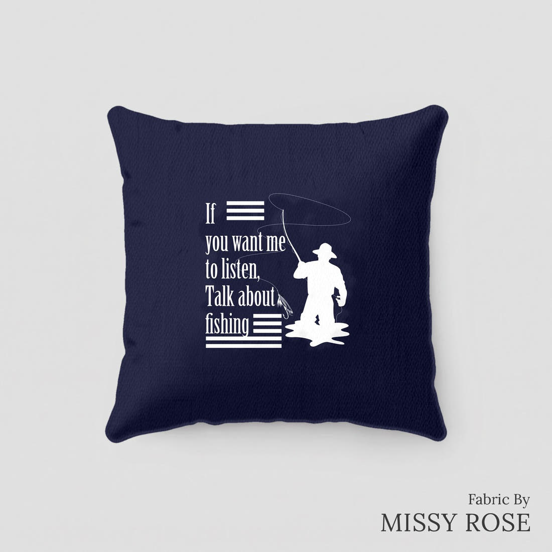 Design 279 Navy Fishing Panel sewn into a cushion – see how the panel looks made up | Fabric by Missy Rose